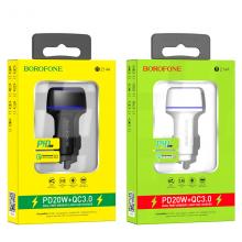 BOROFONE BZ14A Mercury, dual port PD20W + QC3.0 in-car charger, set with cable for USB-C to Lightning / USB-C to USB-C.
